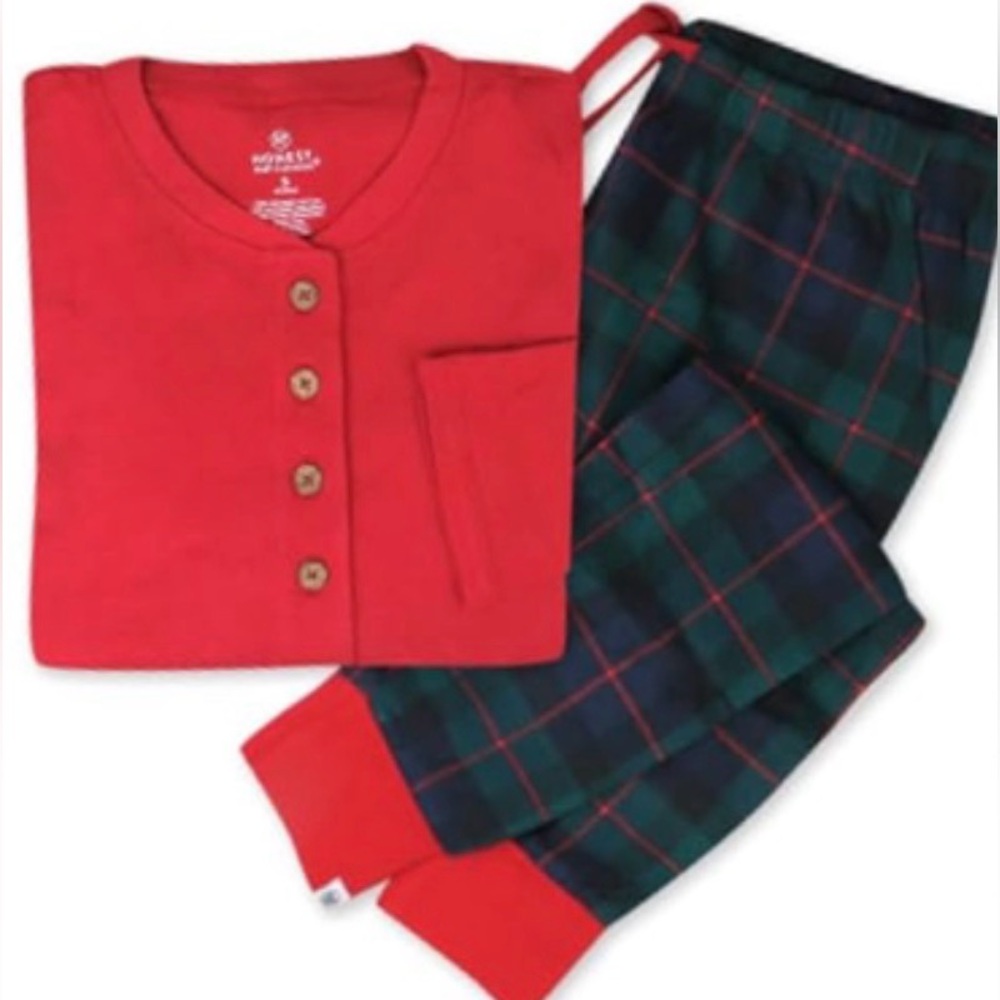 Honest 2pc set‎ 100% Organic Cotton Men’s Holiday Pajamas, Sm, Plaid Red Green